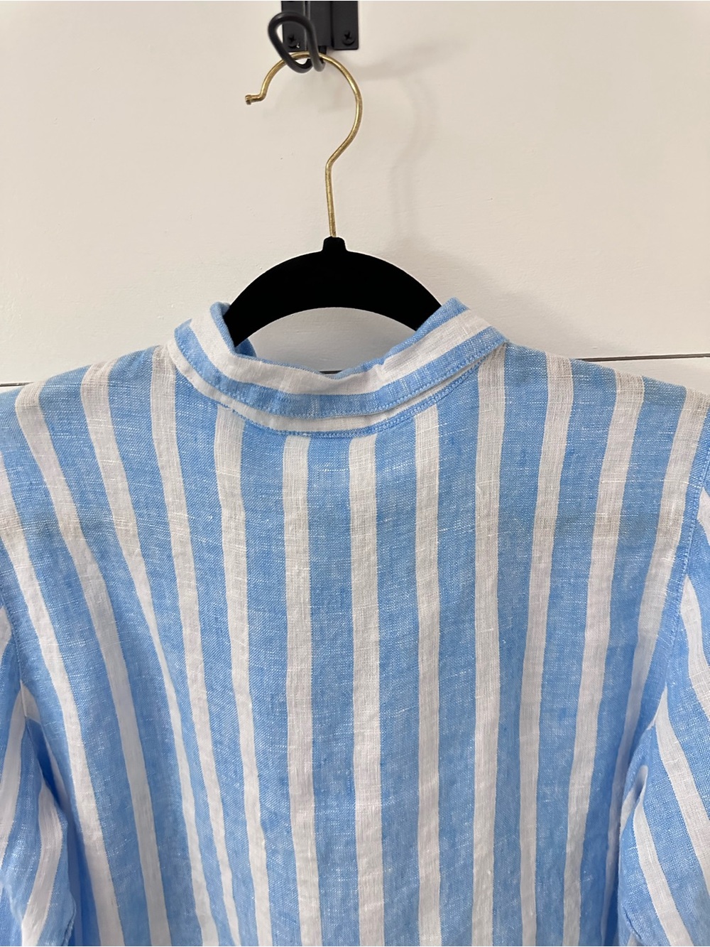 Cynthia Rowley M Linen blue-white stripe long sleeve cottagecore coastal blouse - Picture 6 of 13